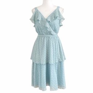 GAL MEETS GLAM BLUE FLORAL EMBROIDERY RUFFLE BELTED SLEEVELESS MIDI DRESS - 0
